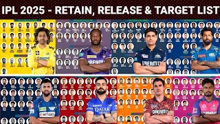 IPL 2025  RETAIN RELEASE amp TARGET LIST  IPL 2025 ALL TEAMS RETAINED RELEASED AND TARGET PLAYERS [upl. by Eanehs]