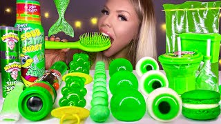 ASMR GREEN FOOD APPLE JELLY EDIBLE TEDDY BEAR HAIR BRUSH SOUR CANDY SHEET JELLY MUKBANG 먹방 [upl. by Yirinec239]