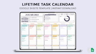 Lifetime Task Calendar  Monthly Calendar  To Do List  Google Sheets Template [upl. by Oicneconi]