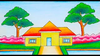 How to draw a house scenery easy house drawing easy step by step with clean environment [upl. by Akenat]