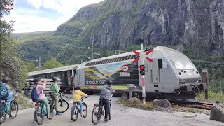 Planovergang Flåm  Berekvam 1372024 Norwegian railroad crossing4K [upl. by Einnus925]