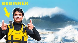 Beginner Surfs WORLDS LARGEST WAVE Nazaré Portugal [upl. by Annavas689]