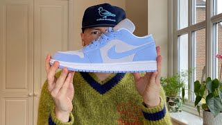 Early look University blue Air Jordan 1 low wmns Football Grey ReviewOn feetplus size guide [upl. by Phio293]