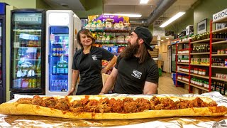 WIN 50 CASH IF YOU CAN FINISH THIS GIANT MEATBALL SUB IN CHICAGO  BeardMeatsFood [upl. by Fryd]