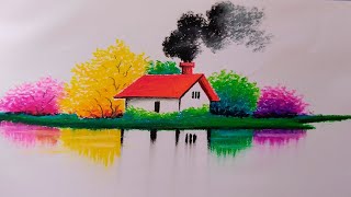 How to draw a landscape for beginnersBeautiful landscape drawing with oil pastel [upl. by Nahtnamas]