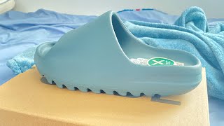 UnboxingReviewing The Yeezy Slides Slate Marine [upl. by Skinner]