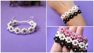 PULSERA fácil DE FLORES con hilo y mostacillaschaquiras ✿Tutorial [upl. by Kellyann]