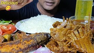 Eating Spicy Mutton Curry Whole Fish Fry Brinjal Fry Basmati Rice Salad  Asmr Mukbang 😋 [upl. by Amitaf683]