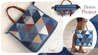 how to sew a denim tote bag with zipper tutorial  diy tote bag with zipper ideas denim reuse ideas [upl. by Shih]