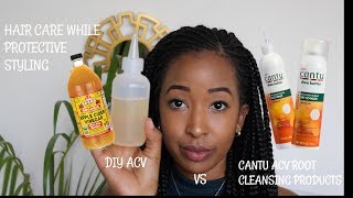 KEEP YOUR HAIR CLEAN AND MOISTURISED WHILE IN BRAIDS  ACV vs Cantu Root Rinse amp Dry Cowash [upl. by Phina648]