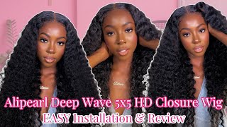 BOMB 5X5 HD LACE DEEP WAVE CLOSURE WIG  ALI PEARL INSTALL  REVIEW  FIX OVERBLEACHED KNOTS [upl. by Eisele]