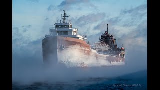 Frozen Ship on Final Arrival The Sea Smoke roiling as the frozen Lee A Tregurtha Arrives Duluth MN [upl. by Abocaj]