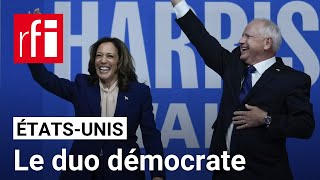 ÉtatsUnis  Kamala Harris et son colistier Tim Walz présentent leur duo à lAmérique • RFI [upl. by Berkly639]