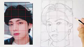 How to draw BTS V Kim taehyung drawing  Drawing Grid Method [upl. by Arrec240]