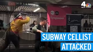 Subway cellist attacked with metal bottle at Herald Square says hes quitting  NBC New York [upl. by Ylahtan737]