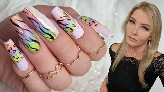 Rainbow ombre nails with animal print and transfer foil Gel Polish gradient nail art using sponge [upl. by Fevre]