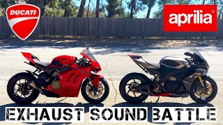 Ducati Panigale V4 VS Aprilia RSV4  Exhaust Sound Comparison [upl. by Naitsabas289]