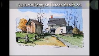 Paint an Autumn Farm with Deep Shadows Line and wash watercolor Peter Sheeler [upl. by Sarid55]