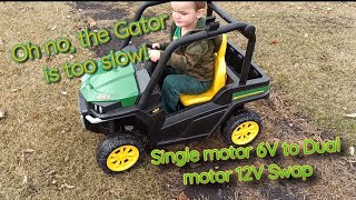 John Deere Gator Unboxing 6V to 12V Swap Dual Motor Upgrade DIY Tomy Kidzone Slow 2 Fast Ride On Toy [upl. by Patton]