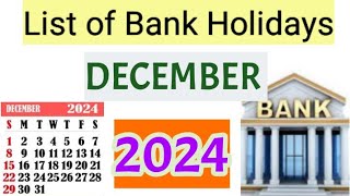 List of Bank holidays December 2024 December 2024 Bank Holidays In India [upl. by Eniarda]