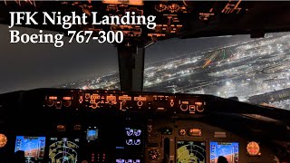 Boeing 767300 JFK Night Landing  Cockpit View [upl. by Harhay]