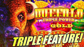 FINALLY TRIPLE FEATURE BUFFALO GOLD TRIPLE POWER 🦬 Slot Machine ARISTOCRAT GAMING [upl. by Azmah]