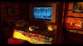 Cozy Winter Hut Ambience with Cat  Snowstorm and Crackling Fireplace Sounds [upl. by Anifur]