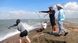 Fisherman risks it all Catching 100lb BEAST Fishing the Jetty INSANE FISHING VIDEO [upl. by Devan586]