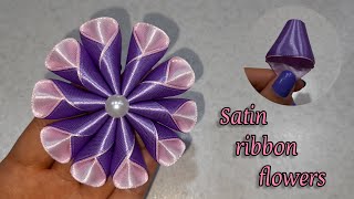 Satin ribbon flowers  making ribbon flowers with needles  learning handmade flowers [upl. by Lleirbag]