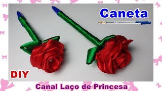 Como fazer CANETA DECORADA com flor de fita de cetim Canal Laço de Princesa [upl. by Kenji98]