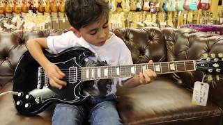 8yearold Jayden Tatasciore playing our Gibson SG Standard here at Normans Rare Guitars [upl. by Thursby73]