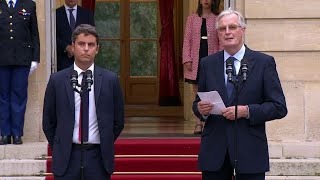 Passation de pouvoir à Matignon  les discours de Gabriel Attal et Michel Barnier [upl. by Ennairej]