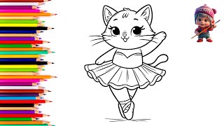 Cute Ballerina Cat 🐈‍⬛ Drawing and Pencil Coloring for Kids and Toddlers Easy Step by Step [upl. by Sakmar]